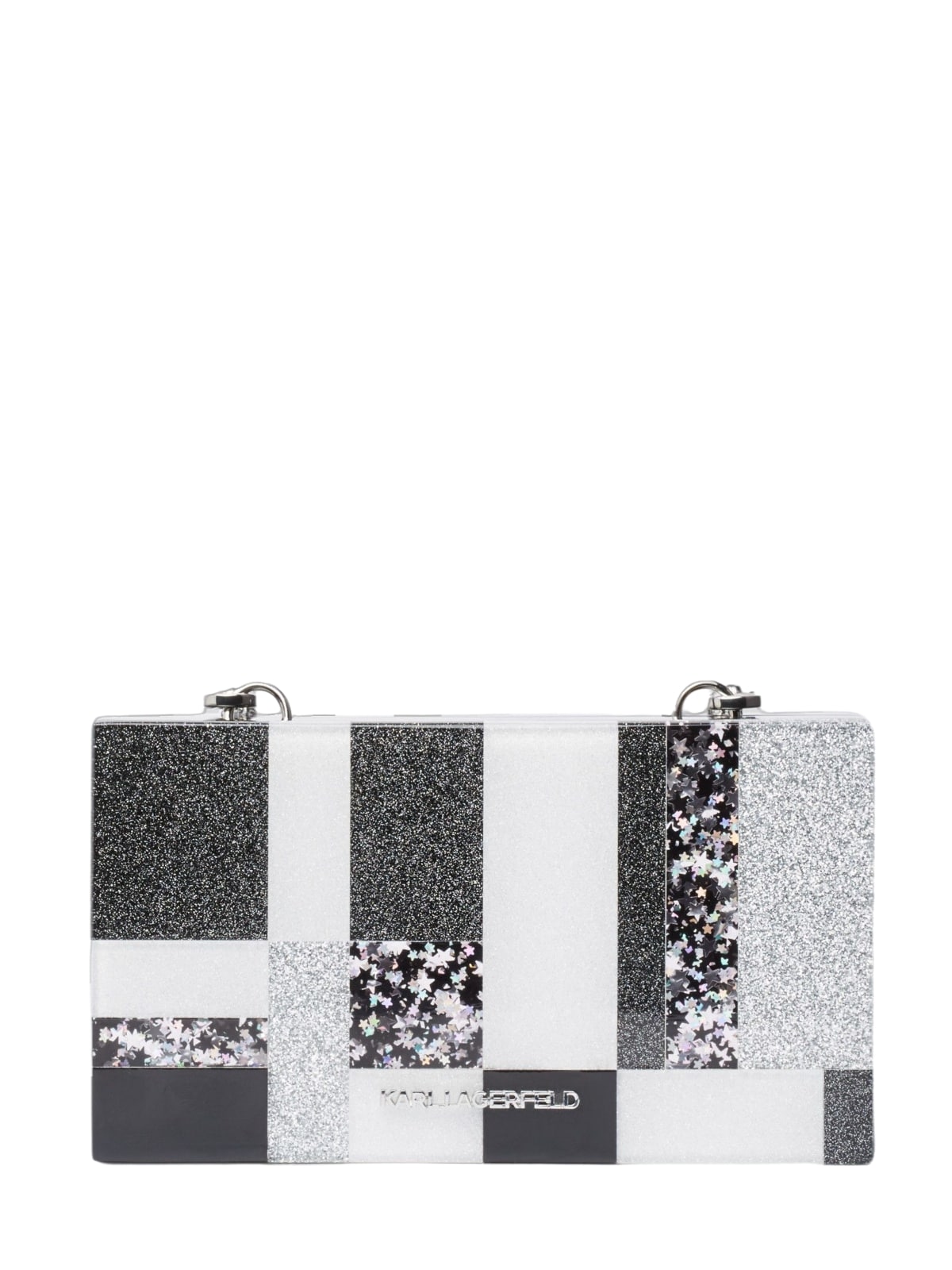 Karl Lagerfeld, Bags, Karl Lagerfeld Black Silver Glitter Minaudire  Acrylic Box Clutchevening Bag