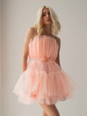 Sotris collection | Ροζ κοκτέιλ φόρεμα με τούλι και βολάν