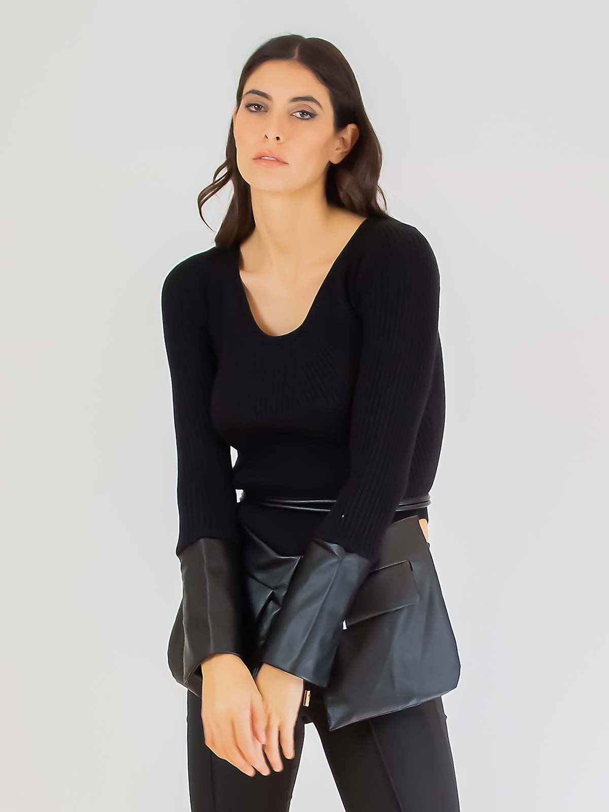 Sotris collection | Faux leather trim ribbed blouse