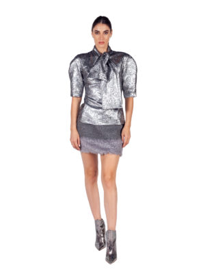 MSGM | Metallic jacquard tie neck blouse