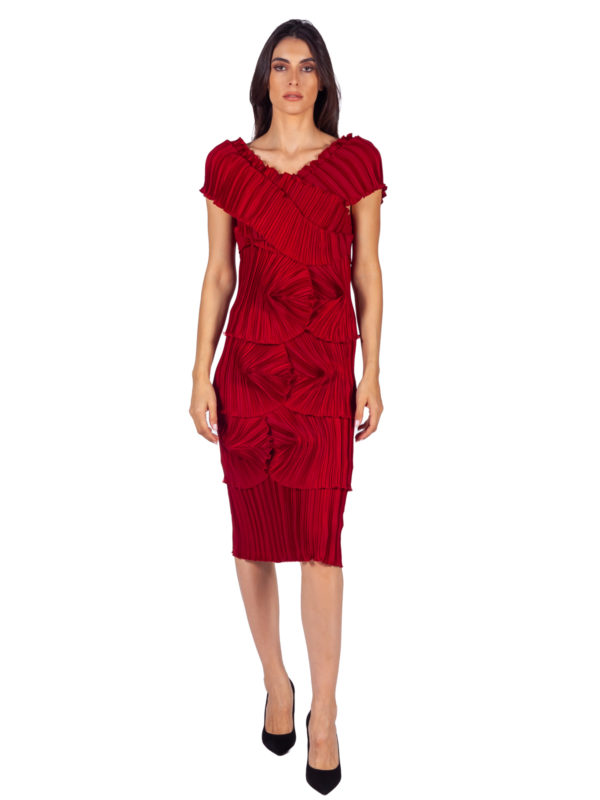 Daphne Valente | Column dark red layered ruffle pleated dress