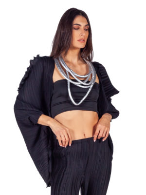 Daphne Valente | Ethos black cold shoulder pleated jacket