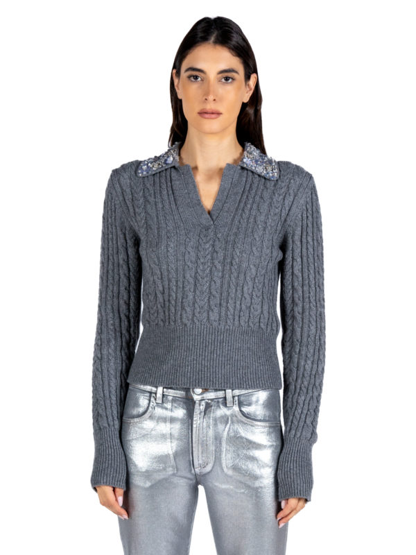 Des Phemmes | Cable knit sweater with rhinestone collar